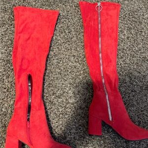 Red Suede Knee-High Boots